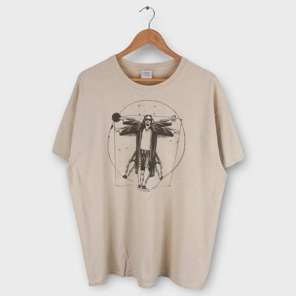 Vintage Big Lebowski Vitruvian Dude T-Shirt XL Gildan Cotton Beige Movie Tee - Picture 1 of 5